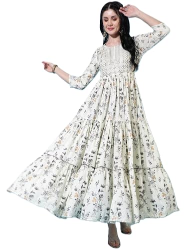 Image of Women Rayon Regular Fit Floral Printed Mirror Work Tiered Anarkali Kurta