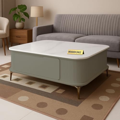 Image of WOODEN SPACE Premium Solo Marble-Top Wooden Center Table for Living Room | Iron Legs | PVD Coating | Modern Entryway Furniture | Coffee Table (Gray)
