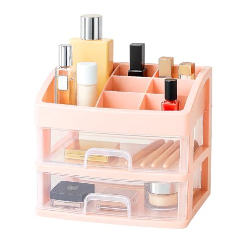Image of JIALTO Makeup Storage Box and Organiser with 2 Layer Drawers & Top Compartment - Plastic Cosmetic Storage Box for Vanity, Skincare, Perfume, Brushes Lipsticks & More - Desktop Organizer (Pink)