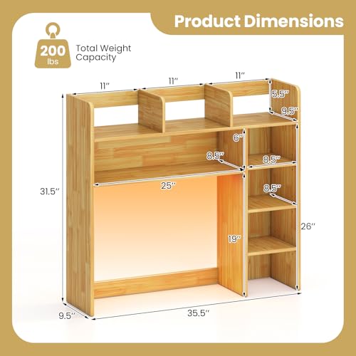 Image of Tangkula Desktop Bookshelf with LED Lights, Desk Hutch with 8 Shelves for Max 25 inch Monitor, Desktop 5-Tier Display Rack, Wood Desktop Storage Hutch Organizer for Dorm Office Home, Burlywood