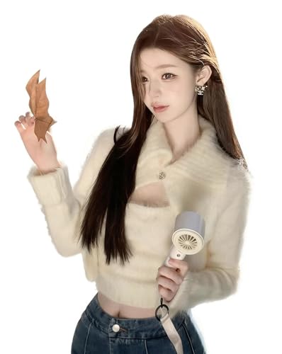 [ＹＡＺＨＵＥ] モヘア ニット カーディガン タンクトップ セットアップ レディース ショート丈 ヘソ出し セクシー 羽織り キャミソール ２点セット もこもこ シャギーニット セーター 厚手 暖かい(Sホワイト)（Amazon）