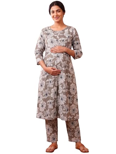 Image of RITIJYA Pure Cotton Feeding Kurta Pant Set for Women | Floral Anarkali Pregnancy Dress with Concealed Nursing Zipper Side Pocket | Pre & Post Partum | Maternity Dresses | Baby Shower Outfit