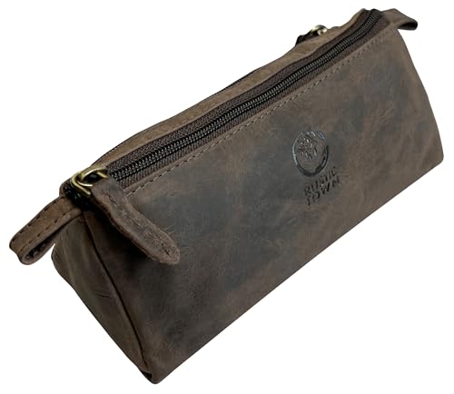 Image of Rustic Town Leather Pencil Case - Full Grain Leather Zippered Pen Pouch - Stationery Bag Pen Holder for Work & Office