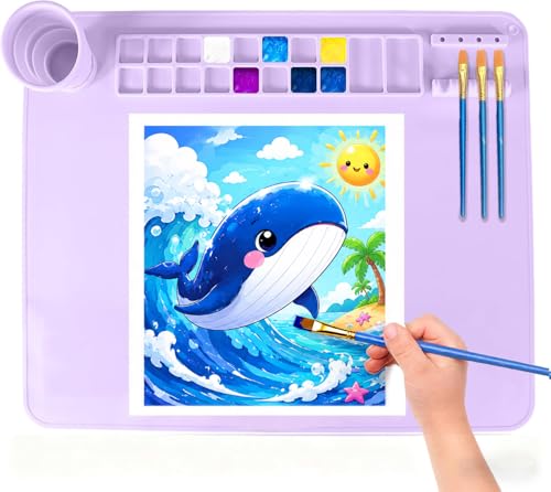 YESCOO Silicone Painting Mat 20X16 Craft Mat Large Art Mat with Built in Cup and Paintbrush Holder Nonslip Clay Mats Color Dividers Silicone Mats for Painting Table Resin and DIY Purple