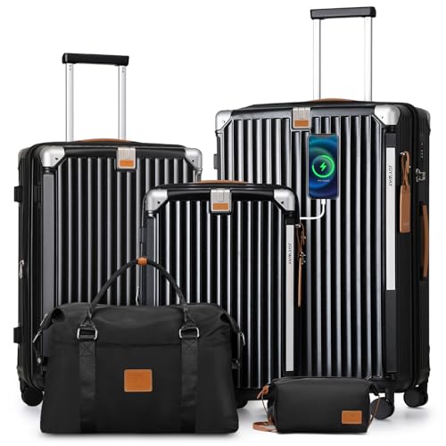Image of Joyway 5 Piece Luggage Set with Cup Holder, Expandable 25% Capacity, Includes Handbag, Anti Slip Wheels, Hook, Smart Carry On Suitcase for Men and Women, Spinner Travel Black