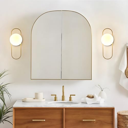 Image of Mid Century Modern Gold Wall Sconces Small Milk Glass Globe Wall Sconce Vintage Bedroom Wall Lamps Bathroom Lighting Fixtures Over Mirror