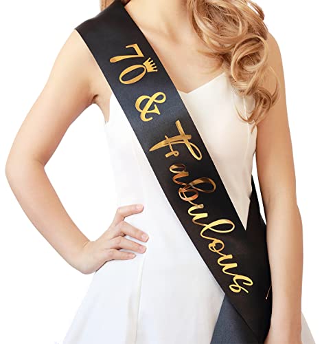 Docooniver 70th Birthday Sash for Women and Men 70&Fabulous Sash Black with Gold Foil Lettering