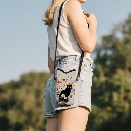 Image of Cell Phone Sleeve Pouch with Adjustable Strap - Cat with Floral