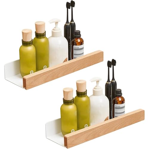 Xafrstyu Duschablage Ohne Bohren, Wandregal Holz 2er Set, Schwimmende Regale Wand Aufbewahrungs Regal Hängeregal Ideal, für Badezimmer Küche Wohnzimmer Büro Schlafzimmer (Hellbraun)