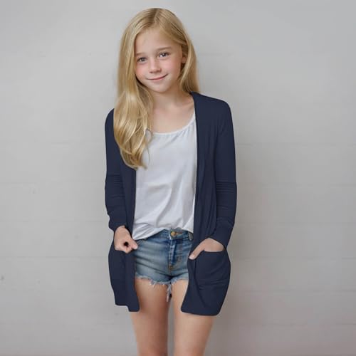 RKSTN Kids Girls Cardigan Open Front Casual Coats Thin Outwear Air Conditioner Cover Up with Pockets Age 5-14 Years2