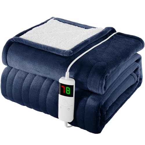 Homemate Heated Blanket Electric Throw - 130x160cm 1/2/4/6/8 Hours Auto-Off 10 Heat Level Digital Control Over-Heat Protection Flannel Sherpa Washable Blanket Navyblue