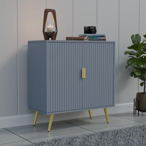 Image of Wooden Fluted Design Storage Cabinet with 2 Doors | Modern Sideboard Cabinet for Living Room, Bedroom & Entryway | Multipurpose Organizer Cupboard | HDMR Premium Wood | Gold Metal Legs (Aqua Blue)