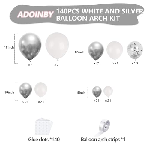 Image of White and Silver Balloon Arch Kit, 140Pcs White Metallic Silver and Silver Confetti Party Balloon Garland Kit for Birthday, Wedding, Engagements, Baby Shower, Anniversary Party Decorations