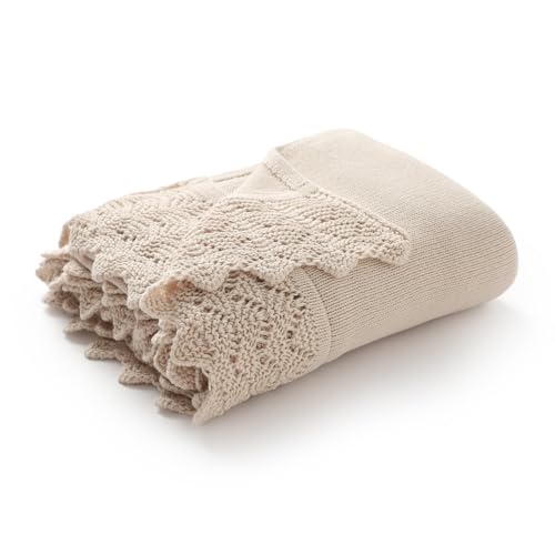 Hadetoto Baby Blanket Soft Cozy Cotton Cable Knit Crochet Receiving Crib Nursery Swaddling Blankets for Newborn Boys Girls (Baby Beige)