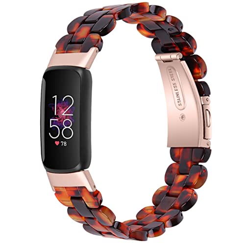 Krudary Bands Compatible with Fitbit Luxe, Premium Resin Watchband Stainless Steel Buckle Strap for Fitbit Luxe Women, Tortoise Tone