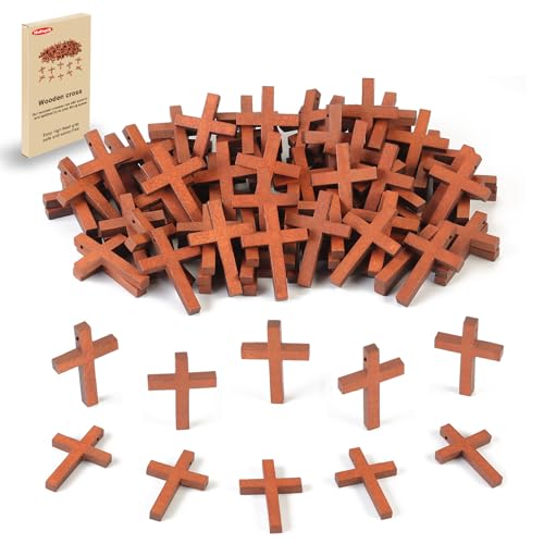 Hufopik 50 Pack Wooden Crosses, 1.2x1.7 Inches, Small Wooden Crosses for Crafts, Small Cross Pendant, Mini Cross, Easter Egg Fillers