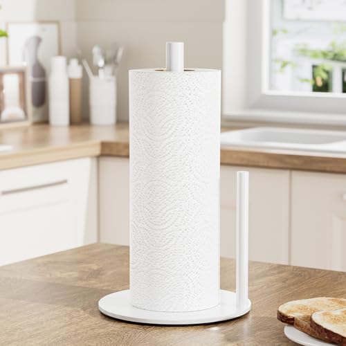 Image of Paper Towel Holder White Kitchen Roll Holder, Paper Towel Holder for Kitchen Roll Organize, Countertop Roll Dispenser with Weighted Base