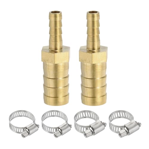 PATIKIL 1/4 to 1/2 Brass Hose Barb Reducer, 2Pcs Barbed Hose Fittings with 4 Stainless Steel Clamps Reducing Splicer Mender Union Adapter for Air Water Fuel