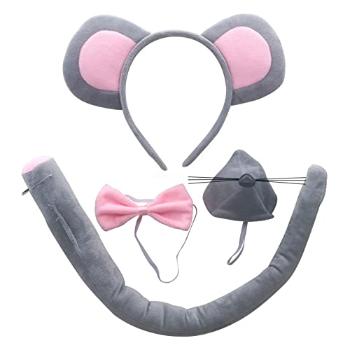 MIVAIUN 4 Piezas de Disfraz de Ratn,Conjunto de Disfraz de Animal,Diademas Nariz Cola y Pajaritas,Adecuado para Juegos de Disfraces Infantiles,para Halloween, Carnaval y Celebraciones(Gris)