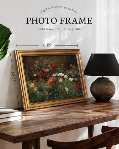 Image of VIYYIEA Vintage Gold Framed Wall Art for Living Room, Flowers Canvas Prints Home Decor, Oil Painting Picture, Bedroom Wall Decor Gifts for Friends or Family -【Poppies】-(16L x 12W)