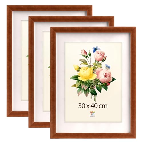 MG Design set de 3 marcos de fotos 30 x 40 cm en Marrón – marcos de madera maciza con perfil alto, acrílico irrompible y paspartú, para pared o mesa, vertical/horizontal