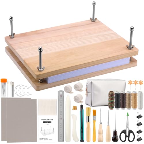 JUPEAN 45 Pcs Book Binding Kits, Bookbinding Kit Large Book Press 14.76&rdquo;x11.42&rdquo; with Books Binding Materials Bone Folder Tool Bind Cloth Webbing Strap and Storage Bag for Repair