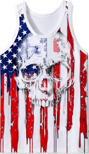 RAISEVERN Mens American Flag Tank Tops 4th of July Sleeveless Shirt Stripe and Stars Skull Graphic Summer Cool USA Patriotic Tee Workout Athletic Training Sports Undershirts