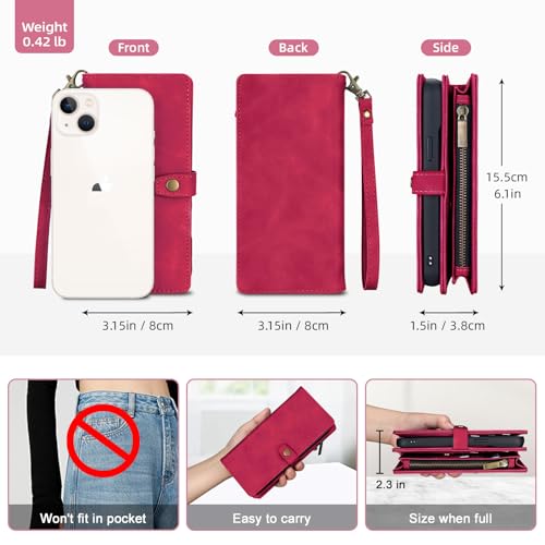 TwoHead Designed for iPhone 13 Wallet Case with Card Holder,Detachable Magnetic Phone Case with Wallet PU Leather Wallet Phone Case for iPhone 13 Case Wallet for Women/Men with Wrist Strap(Wine Red) by TwoHead - Image 5