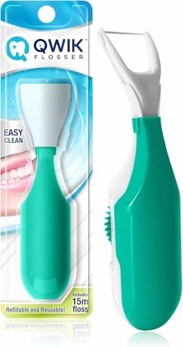 QWIK Dental Flosser | Click-to-Use, Reusable & Refillable | Pre-Loaded Floss with Travel Cover | Easy Flossing for Plaque Removal, Clean Teeth & Fresh Breath (Green)