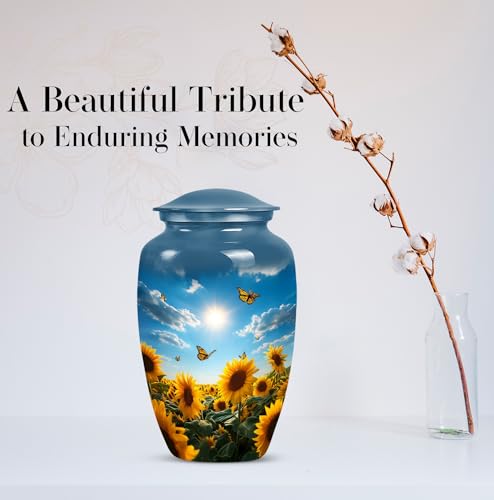 Image of Butterfly with Sunflower Urn for Ashes for Women - Large Urns for Human Ashes Adult Female - Yellow Sunflower Urn for Adult Mom and Dad - Large Decorative Urns for Handmade 10inch