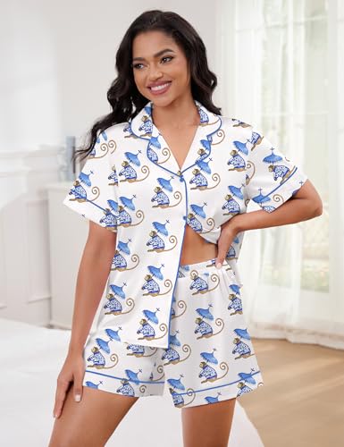 Image of SHESHOW Satin Pajamas for Women Set Preppy Animals Pjs Short Sleeve Shorts 2 Piece Loungewear Sets XS-XXL