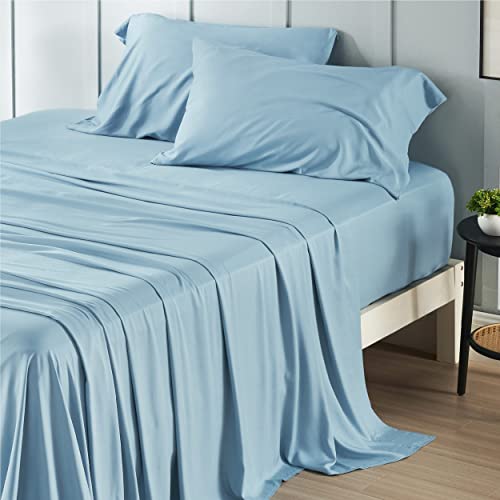 Image of Bedsure Queen Sheet Set, Rayon Derived from Bamboo, Cooling Sheets, PureWoven, Breathable & Soft, Deep Pocket Up to 16 Inches, Hotel Luxury Silky Bedding for Hot Sleepers, Aqua