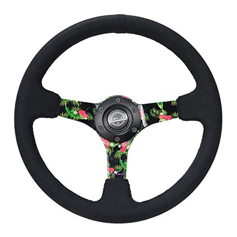 NRG Innovations NRG-RST-036TROP-S Reinforced Steering Wheel - 3: Deep, 5mm Floral Spoke, 350mm Diameter Black Premium Suede Steering Wheel Cover