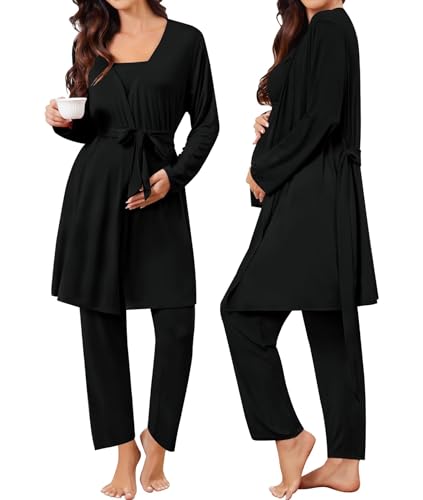 Image of SWOMOG Maternity Nursing Robe Set 3 Piece Breastfeeding Pajamas 3 in 1 Labor Delivery Sleevless Tops&Long Pants Pregnancy Pjs