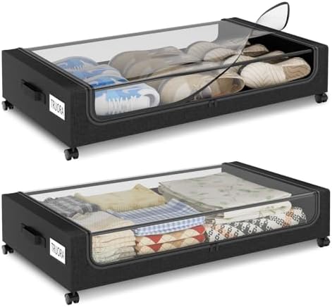 TRUORA 2 Pack Under Bed Storage with Wheels, XXL Underbed Storage Containers with Wheels, Clear Window, Easy Pull-out, Rangement Sous le Lit for Clothes, Blankets, Toys, Shoes and Books
