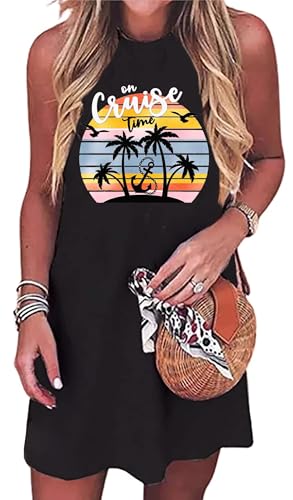Image of Sun Salt Sand Coconut Tree Tank Mini Dress for Women Casual Loose Sleeveless Beach Praty Shirts Summer Vacation Short Dress