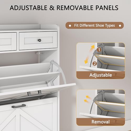Image of Shoe Cabinet with 3 Flip Drawers & 2 Top Drawers, 57 inch Tall Freestanding Narrow Wooden Shoe Storage Organizer for Entryway, Hidden Slim Shoe Rack for Front Door Entrance, Hallway, Living Room, White
