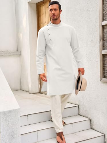 Image of Runcati Mens Kaftan Thobe Robe Long Sleeve Cotton Henley Shirt Casual Muslim Gown Salwar Kurta