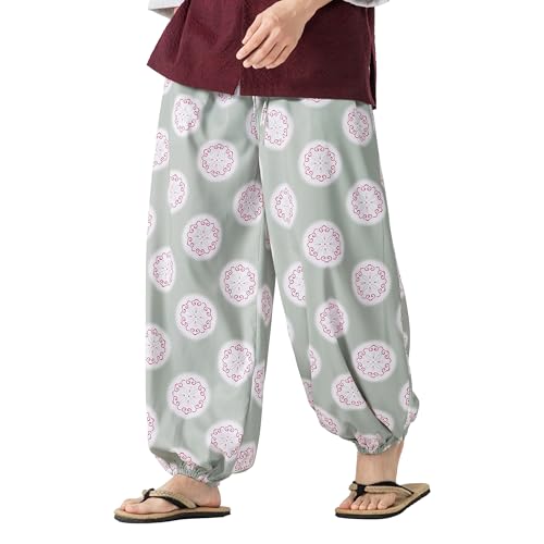 PRIJOUHE Men's Casual Harem Pants Elastic Waist Yoga Pants Lightweight Wide Leg Printed Summer Beach Trouser