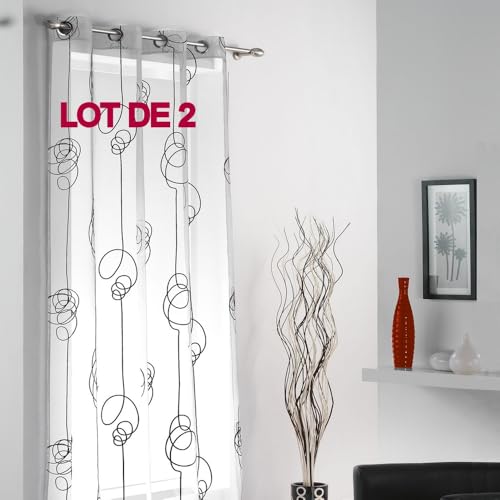 Douceur d'Intérieur Lot de 2 voilages a Oeillets 140x240 Voile Imprime Transfert looping Blanc/Noir