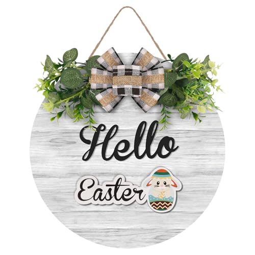 RoseCraft Interchangeable Wooden Seasonal White Hello Sign, Rustic Welcome Front Door Wreaths for Home Wall Porch Decor, for Easter Spring Summer Fall Halloween Christmas All Season Decorations.