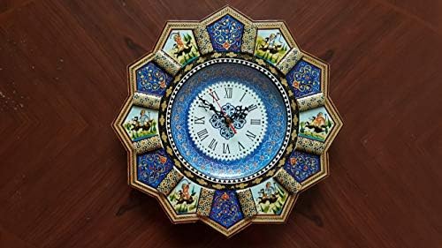 LPUK Luxury Khatam Wall clock, Sunclock Collection Series 2 Persian Handcrafted Sun Shaped Horse and Polo Pictured Inlaid Wooden Wall clock Diameter : 36 cm