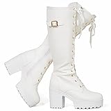 SeiteHuud Women Fashion Platform Knee High Boots White Gothic Boots Block Heels Long Boots Lace Up Winter Shoes High Heel Knee Boots Zipper 6