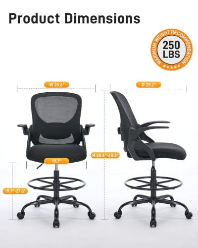 Image of LukkDys Drafting Chair with 4D Multi-Adjustable Backrest, Tall Office Chair 19.7 inch-27.6 inch Seat Height, Ergonomic Standing Desk Chair with Flip-up Arms, Foot Ring, Black