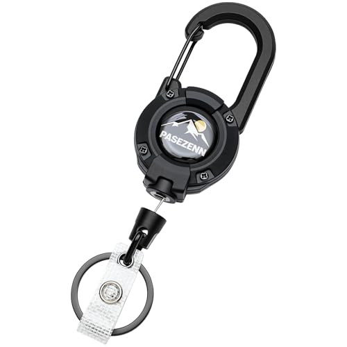 pasezenn Heavy Duty Retractable Keychain,28in/70cm Stainless Steel Cord,Retractable Badge Holder with Carabiner Clip for Work,Outdoor Black 1 Pack