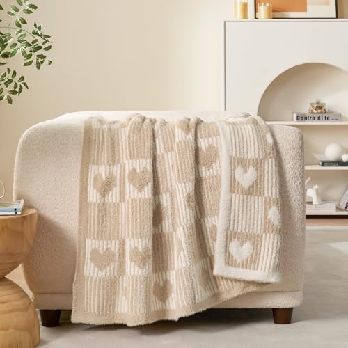Image of Snuggle Sac Heart Checkered Throw Blanket for Women,Love Blanket Heart Blankets for Her Wife Girlfriend Mom,Super Soft Warm Fluffy Faux Fur Blanket for Couch Sofa Bed,Beige Heart,60x80 inches
