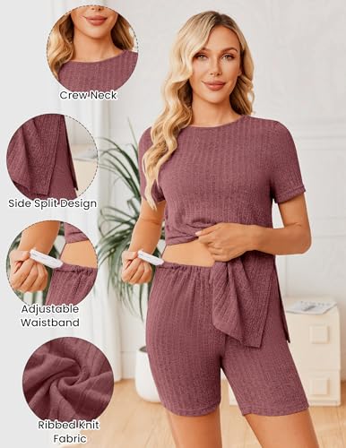 Image of Ekouaer Maternity Sets 2 Piece Outfits Ribbed Knit Short Sleeve Shirts and Biker Shorts Pregnancy Loungewear Mama Clothes