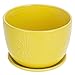 MyGift 7 Inch Round Yellow Ceramic Plant Pot with Drainage Hole and Attached Saucer, Modern Decorative Embossed Sunburst Planter Container for Indoor Home Garden