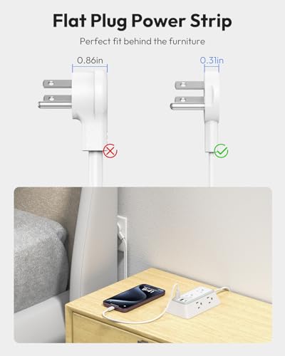 NTONPOWER Power Strip con enchufe plano cable de 15 pies, regleta con montaje en pared y USB C para oficina en casa, blanco miniatura 4