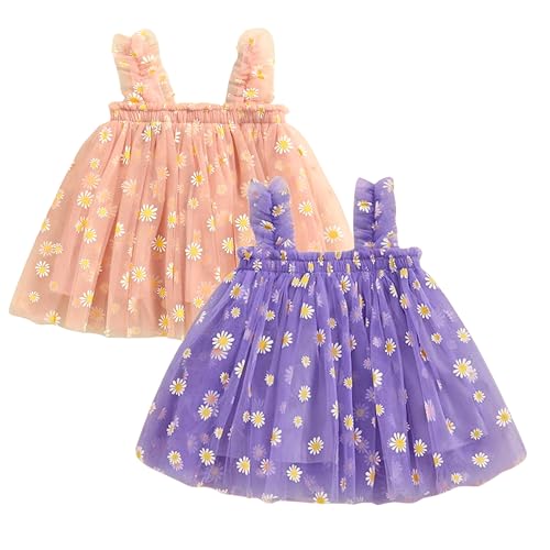 Image of TotzTouch Baby Girls Knee-Length Dress | Frock Cami Strap Flared Printed Net Sleeveless Gown